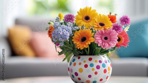 Wallpaper Mural A lively collection of bright flowers in a cheerful polka dot vase ideal for enhancing the ambiance of any room Torontodigital.ca