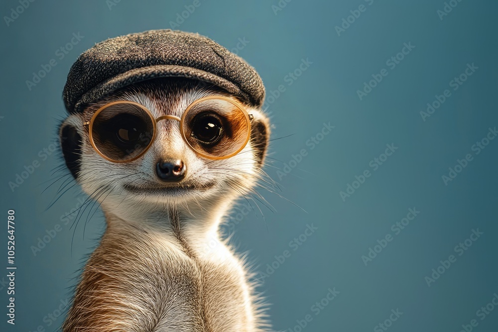 Cool meercat in cap and round sunglasses, blue background,space for text, close up Cool meercat in cap and round sunglasses, blue background,space for text, close up