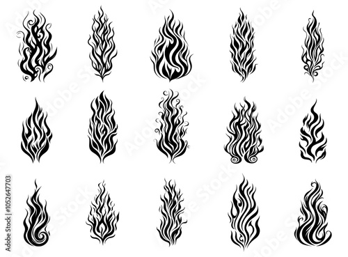 Black fire flames in tribal style with long swirls. Tattoo auto print sticker design element. Burning heat symbol. Abstract inferno power sign. Black and white simple flat style. Isolated vector on