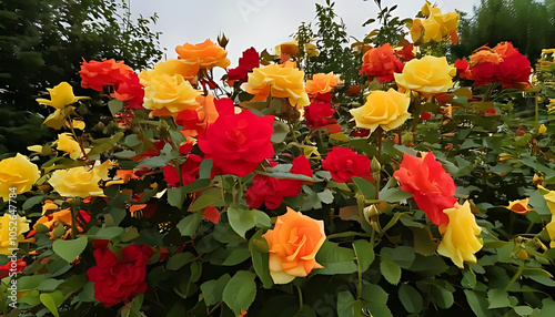 red yellow floribunda roses rosa gartenspass flower abundantly garden photo