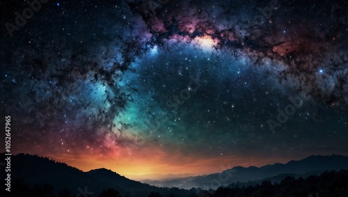 Beautiful fantasy starry night sky with a colorful galaxy.