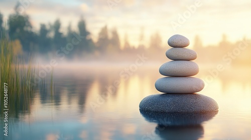 Tranquil stacked stones by a misty lake with mountains in the background at dawn photo