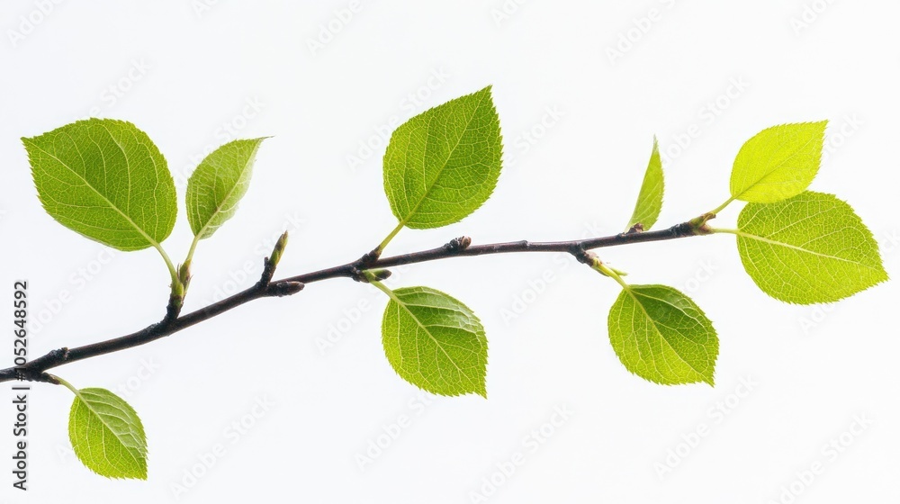 Fototapeta premium Close up of green leaves on a twig against a white backdrop