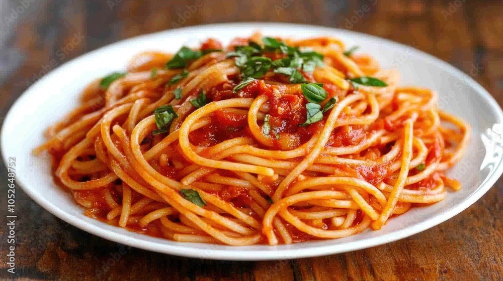 Delicious Spaghetti with Tomato Sauce and Basil Garnish Delicious Spaghetti with Tomato Sauce and Basil Garnish