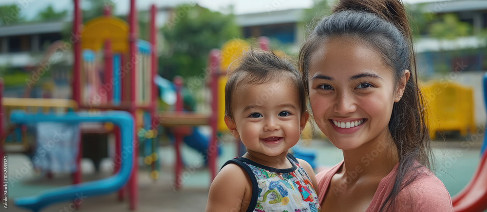 Phillipino young smiling woman and little child on playground background, asian baby, mom, mother, kid, nanny, walk in park, family Phillipino young smiling woman and little child on playground background, asian baby, mom, mother, kid, nanny, walk in park, family