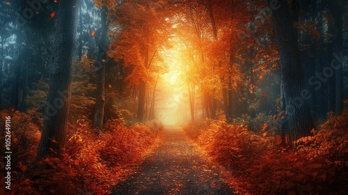 Serene forest pathway adorned with vibrant autumn hues Ideal for travel promotions and adventure themes photo