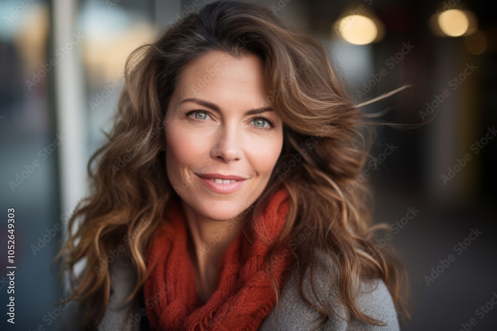 Portrait of a beautiful young woman with curly hair and red scarf Portrait of a beautiful young woman with curly hair and red scarf