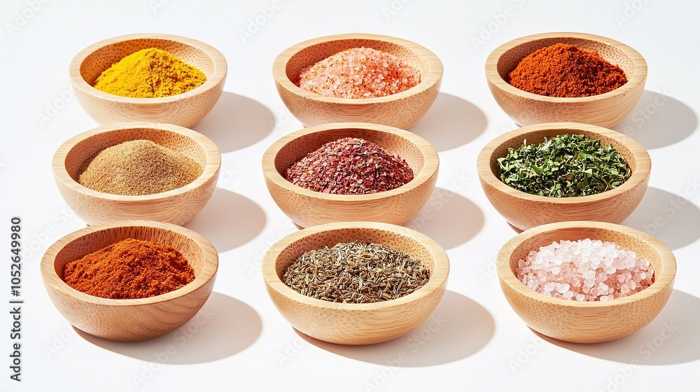 Wooden bowls arranged on a white surface, filled with various spice mixes Wooden bowls arranged on a white surface, filled with various spice mixes