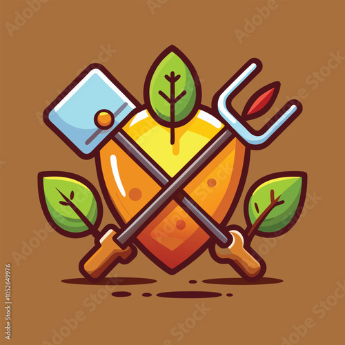 A colorful illustration of a heart-shaped fruit surrounded by gardening tools and leaves.