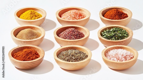  Wooden bowls arranged on a white surface, filled with various spice mixes