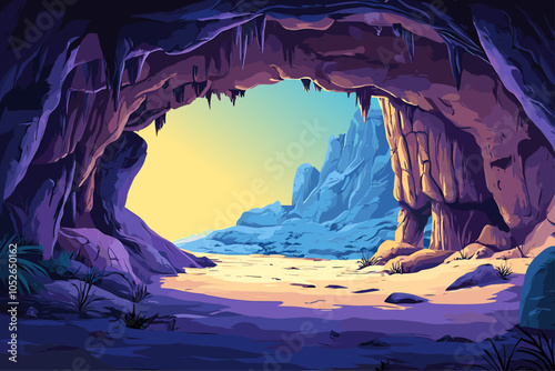 Cave rock entrance exit background. View from inside to mountain. Sunrise sunset clean sky. Tunnel in mountain or mine in rocks bringing to the light. Prehistoric dungeon entrance. Cartoon style