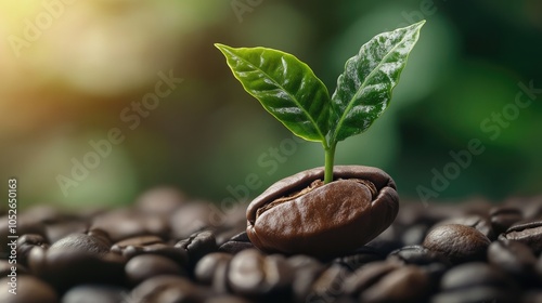 New green plant emerging from a coffee bean photo