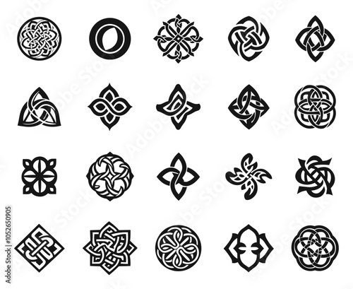 Celtic black icon symbol set. Irish ethnic endless knot shape ornament. Spirit unity pagan circle tribal symbol. Graphic element for print tattoo. Simple black flat style logo isolated vector clipart