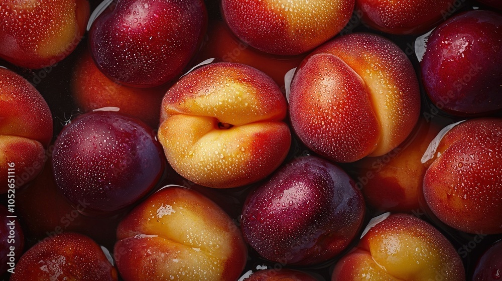 A close-up of a group of plums with water droplets on them, and one plum has a bite taken out A close-up of a group of plums with water droplets on them, and one plum has a bite taken out