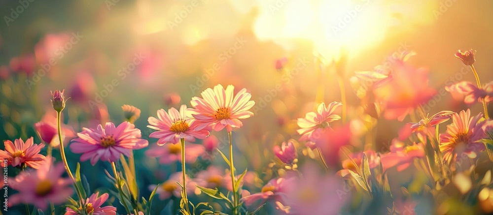 Flowers Field In Sunlight Beautiful Nature Scene With Blooming In Summertime Colorful Wide Horizontal Floral Wallpaper Image Flowers Field In Sunlight Beautiful Nature Scene With Blooming In Summertime Colorful Wide Horizontal Floral Wallpaper Image