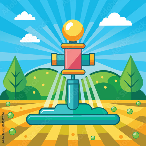 A colorful illustration of a sprinkler spraying water on a sunny day.