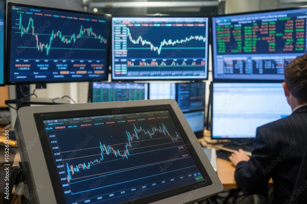 Stockbroker working with graphs displayed on monitors in office Stockbroker working with graphs displayed on monitors in office