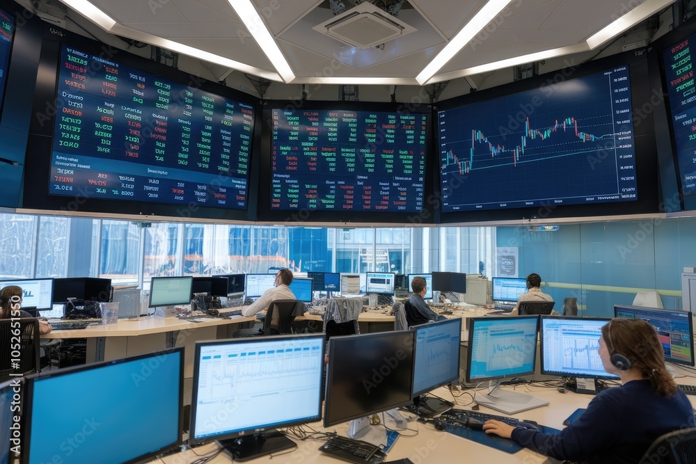 Stockbrokers working in a modern trading room with big screens showing data