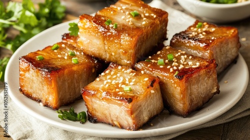 Delicious Crispy Pork Belly Served on a Plate