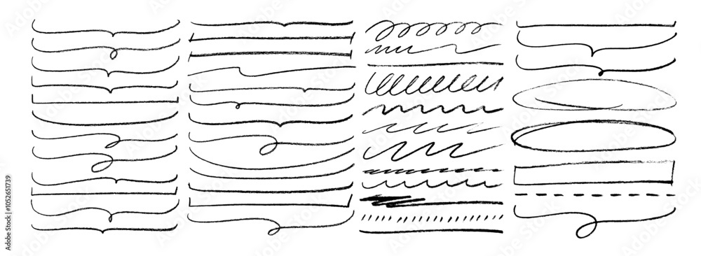 Crayon drawn underlines, squiggles and emphasis strokes collection. Hand drawn vector horizontal scribbles, ovals and brackets. Doodle freehand emphasis elements. Crayon highlights and stripes.