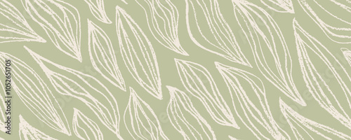 Aesthetic botanical seamless pattern with crayon drawn leaves. Pencil drawn naive wavy outline plants on pale green background. Vector banana leaves line art with crayon texture thin lines.