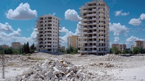 An apartment building in Chernihiv, Ukraine, shows signs of rebuilding after war destruction, surrounded by rubble under a clear blue sky photo