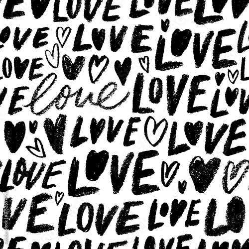 Seamless romantic pattern with hand drawn love words and crayon drawn hearts. Happy Valentine's Day wrapping paper with funky handwritten words. Modern romantic vector ink illustration.