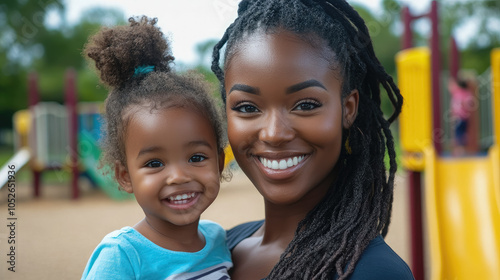 African American young smiling woman and little child on playground background, mother and baby, kid, toddler, parent, family, maternity leave, mother's day, walk