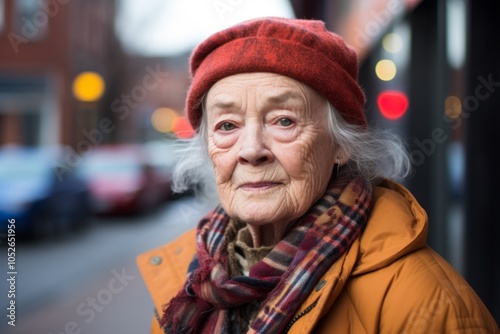 Portrait of senior woman in hat and scarf on the city street