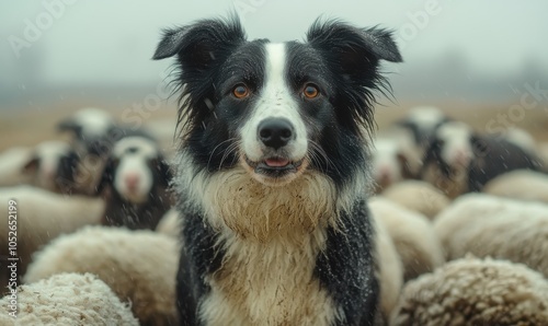 Border Collie Herding Sheep in the Scottish Countryside, Showcasing Intelligence and Speed While Guarding an Expansive Flock with Full Depth of Field

 photo