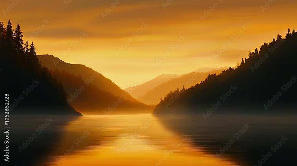 A vast lake with towering trees lining its shores and majestic mountains in the distance, bathed in golden sunlight during dusk A vast lake with towering trees lining its shores and majestic mountains in the distance, bathed in golden sunlight during dusk