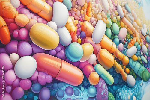 abstract colorful illustration with pills, tablets and capsules health productions pattern background