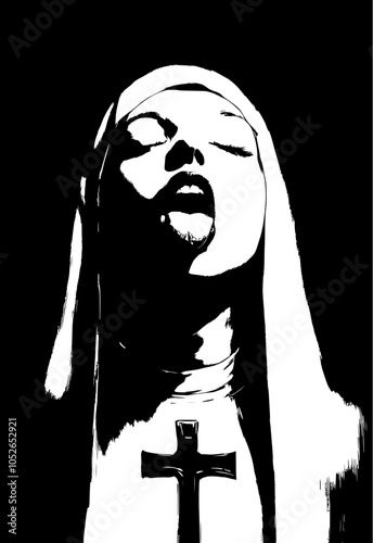A stylized portrait of a nun with a playful, teasing expression. The artwork combines traditional religious attire with modern, expressive nuances, adding an intriguing contrast.