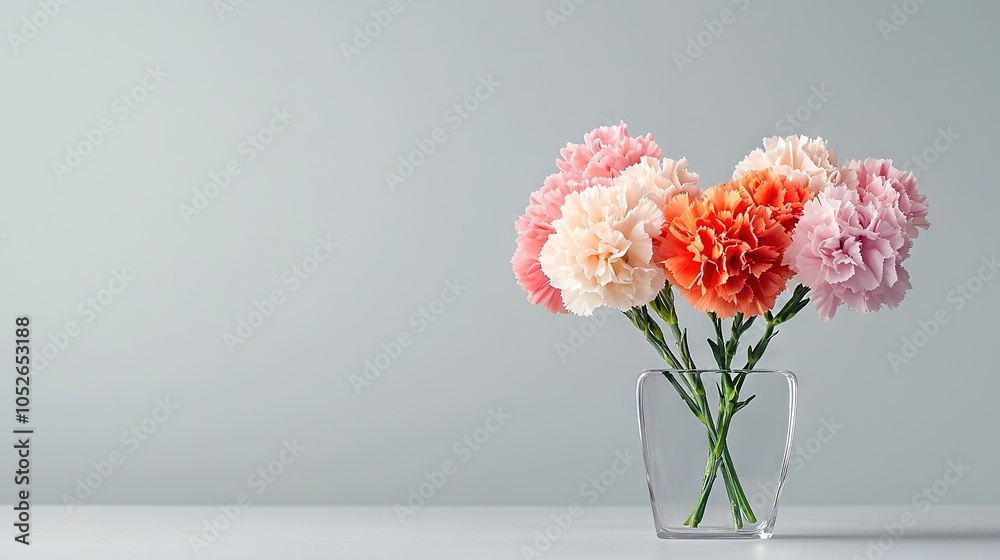 Obraz premium Three pink and orange carnations in a clear glass vase on a white table against a light gray backdrop