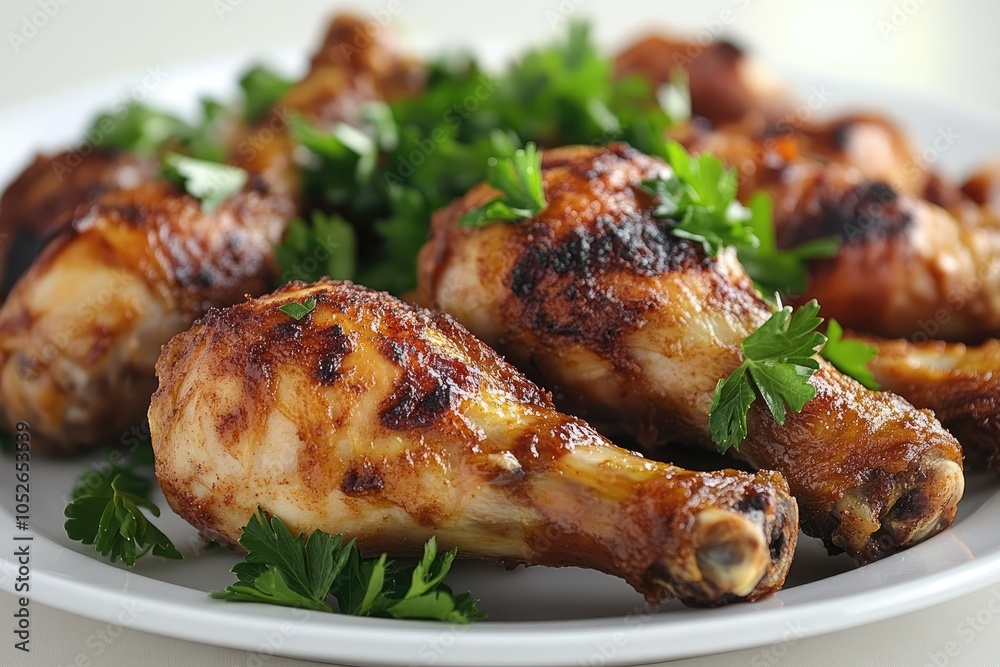 Roasted chicken drumsticks garnished with fresh parsley on white plate Roasted chicken drumsticks garnished with fresh parsley on white plate