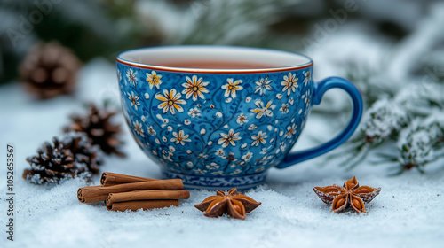 Na śnieżnym stole stoi piękna, niebieska filiżanka ozdobiona kwiatowymi wzorami. Obok niej leżą aromatyczne laski cynamonu i gwiazdki anyżu, które dodają herbacie wyjątkowego smaku.  photo