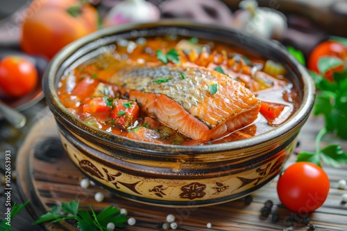 Red Fish Soup with Salmon and Pike Perch, Traditional Homemade Ukha, Bouillabaisse photo