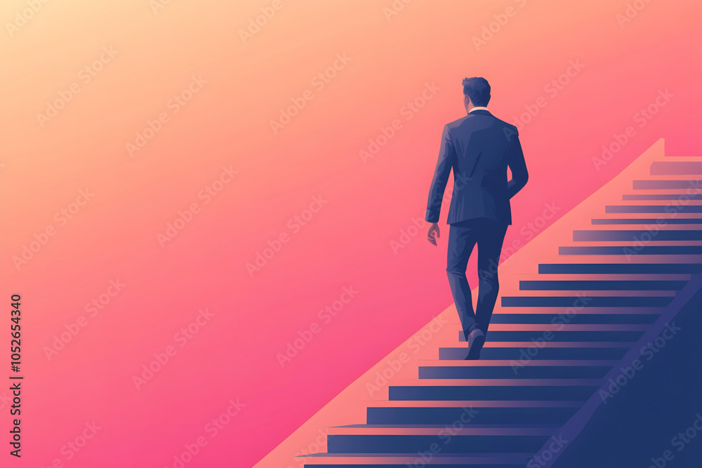 a businessman is climbing the stairs to success, businessman at work concept design for a business presentation or banner. 