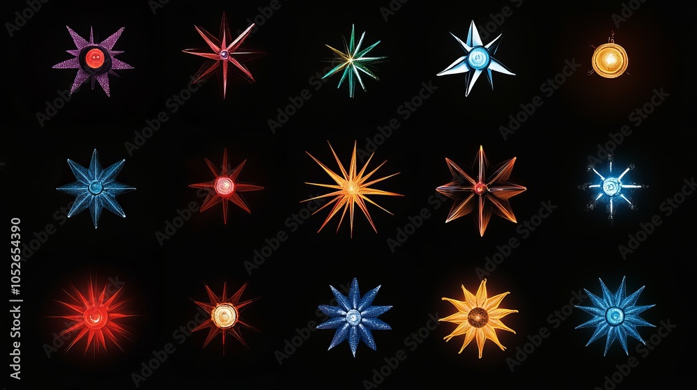 Christmas fireworks graphic. Each firework should be separate on a black background. Use simple colors. Avoid 3D effects or reflections. Christmas fireworks graphic. Each firework should be separate on a black background. Use simple colors. Avoid 3D effects or reflections.