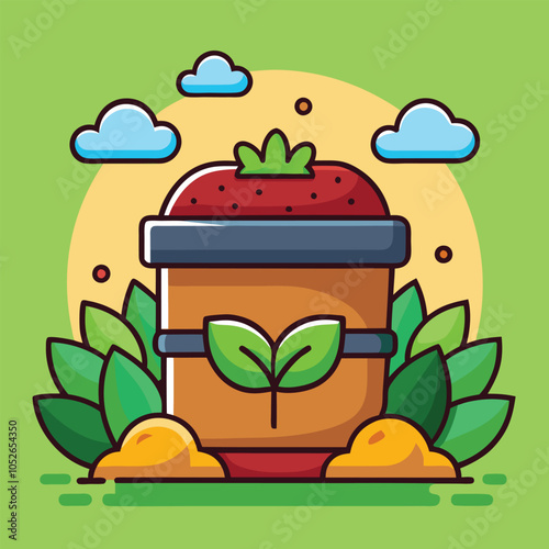 Cute cartoon illustration of a potted plant with a strawberry on top.