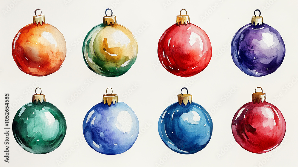 Set of colorful Christmas balls displayed in a nine-piece arrangement on a white background for holiday decoration Set of colorful Christmas balls displayed in a nine-piece arrangement on a white background for holiday decoration