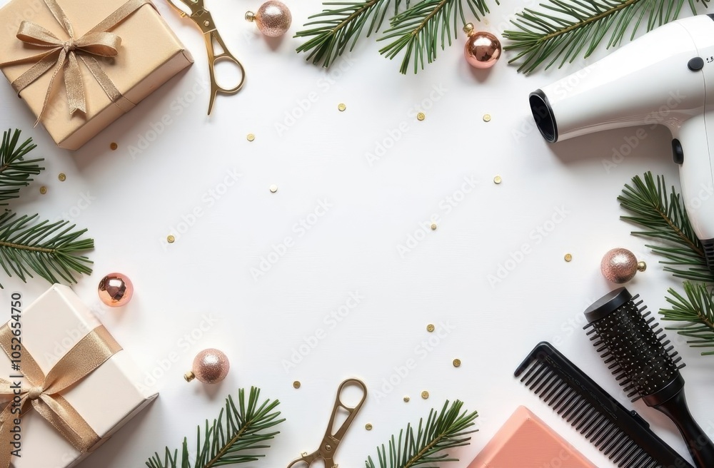 template for New Year and Christmas greetings from a hairdresser or information about hairdressing. brushes for hair coloring, hair dryer, scissors, gifts on a white background with space for text. template for New Year and Christmas greetings from a hairdresser or information about hairdressing. brushes for hair coloring, hair dryer, scissors, gifts on a white background with space for text.