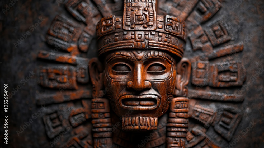 A detailed wooden carving of a Mayan mask with intricate details. A detailed wooden carving of a Mayan mask with intricate details.