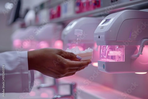 Close-up of a hand operating a soap dispenser in a bathroom