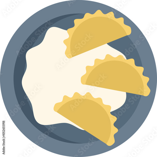 Plate serving delicious traditional polish pierogi dumplings with sour cream
