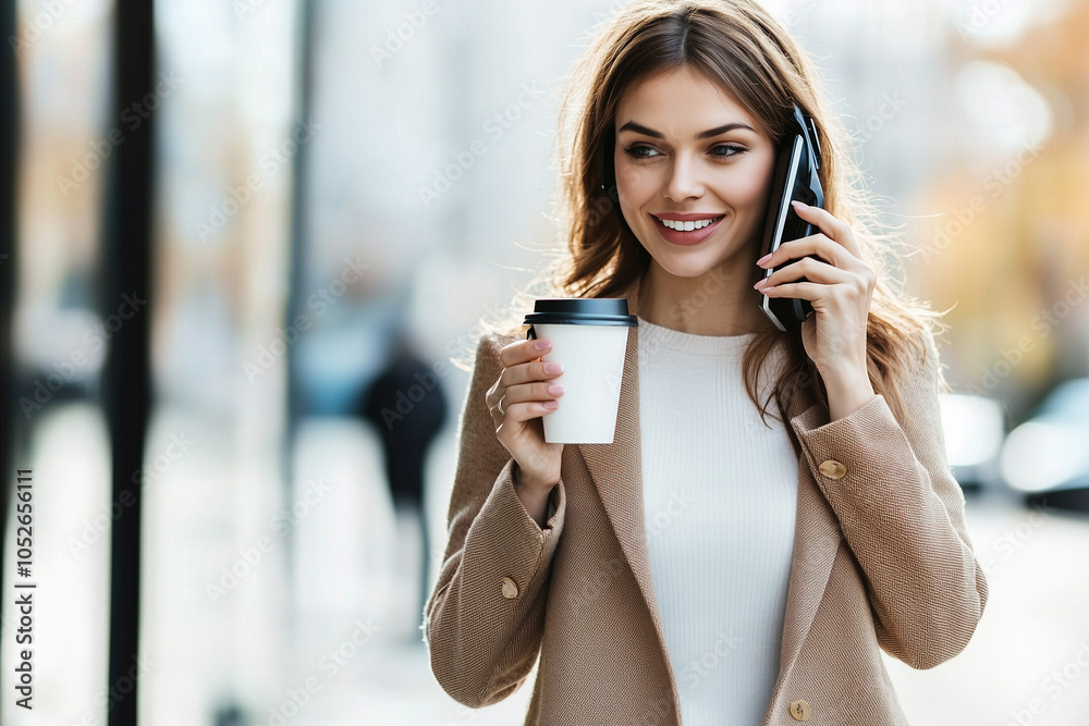 Smiling Woman Talking on Phone and Holding Coffee Smiling Woman Talking on Phone and Holding Coffee