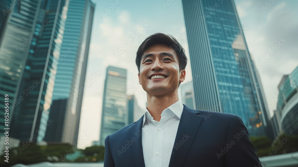 Young smiling singaporean man in business suit against background of singapore skyscrapers, copyspace, place for text, asian guy, boy, businessman, office worker in city center, modern architecture Young smiling singaporean man in business suit against background of singapore skyscrapers, copyspace, place for text, asian guy, boy, businessman, office worker in city center, modern architecture