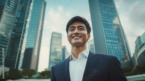 Young smiling singaporean man in business suit against background of singapore skyscrapers, copyspace, place for text, asian guy, boy, businessman, office worker in city center, modern architecture