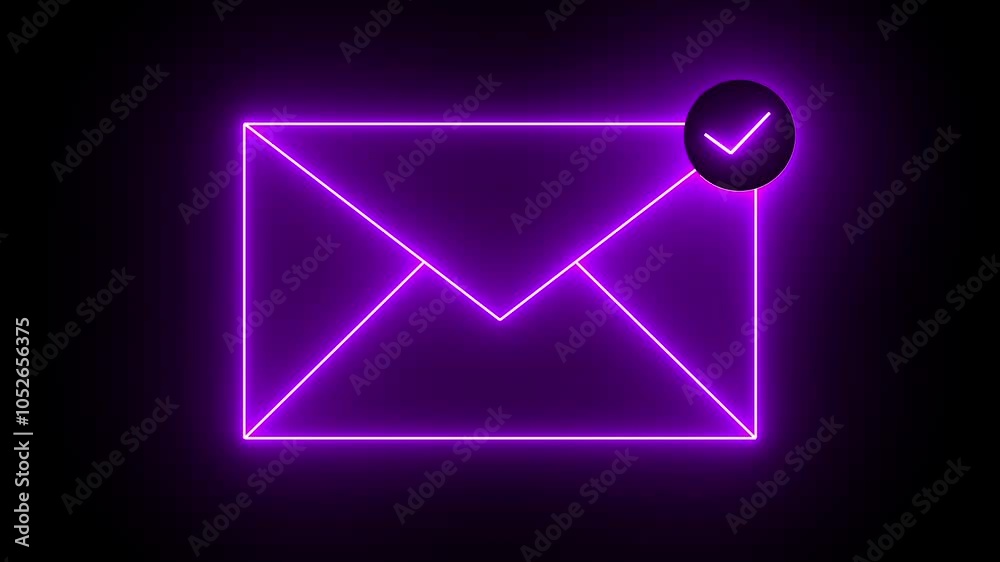 message icon animation on neon. neon Email icon with check sign indicates message status.