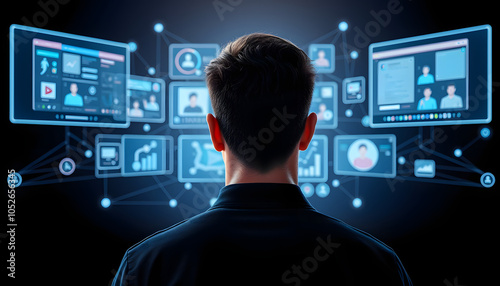 Backview Of Caucasian Man Looking at Animated Stream Of Online Interfaces With Social Media, Fintech Services, e-Commerce Shopping, Internet Influencers, And Video Games. Visualization Of Web Networ photo